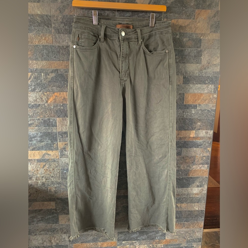 Judy Blue Bootcut Garments Dyed Green Jeans with Raw Hem Women's 11/30